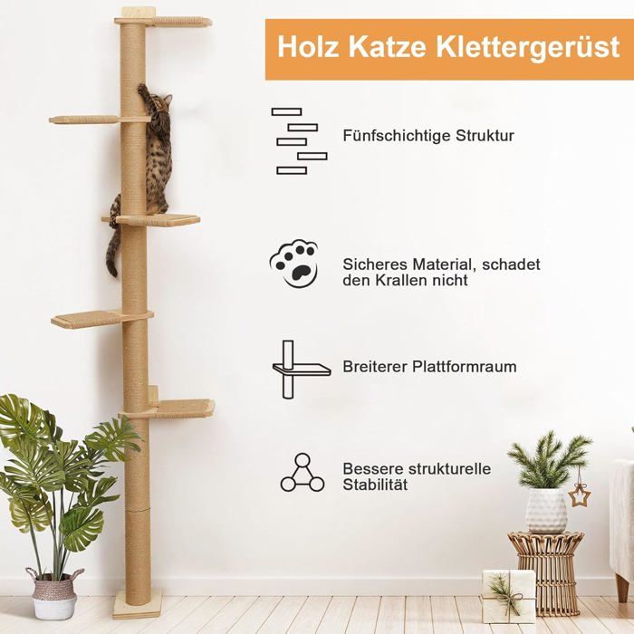 Arbre à Chat Mural Du Sol Au Plafond 205 Cm - 5 Niveaux Réglables - Pin Et Sisal - Pour Grimper, Gratter, Observer - Jusqu'à 4 Chats - Marron