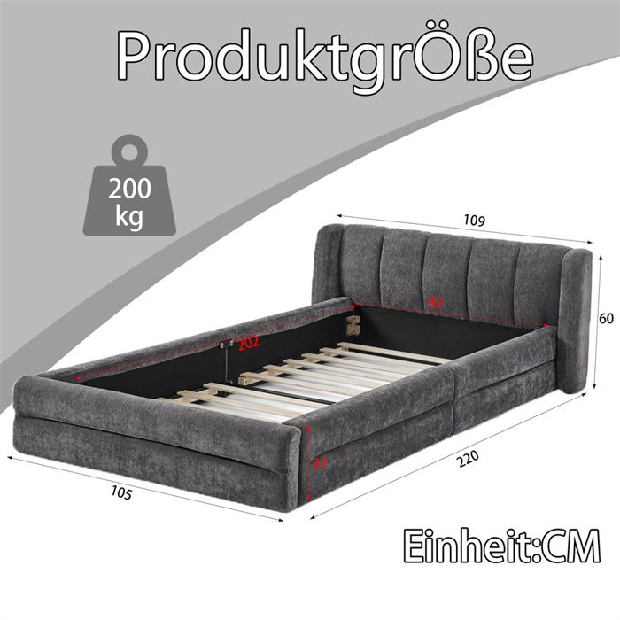 Lit Simple 90x200 Lit Capitonné En Lin Gris - Sommier à Lattes + Tête De Lit, Design Moderne, Pour Jeunes (Sans Matelas) | Leroy Merlin