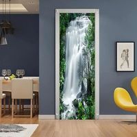 Sticker Porte Autocollant Poster de Porte 3D Montagne Cascade Verte Forêt Arbres Nature Paysage