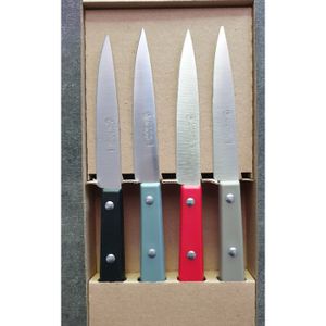Lot De 4 Couteaux D'office LA FOURMI - Lame Lisse Rouge, Manche Bois, Fabrication Française
