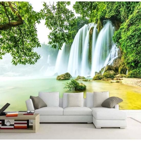 Tenture Murale Cascade Montagne - Tissu Polyester 150x130cm, Impression HD, Marron/vert, Décoration Salon/chambre