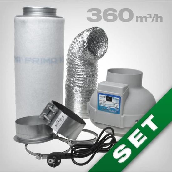 Kit de Ventilation avec Filtre à Charbon actif, Extracteur d'air Prima Klima 220/360 m³/h et accessoires - Chambre de culture