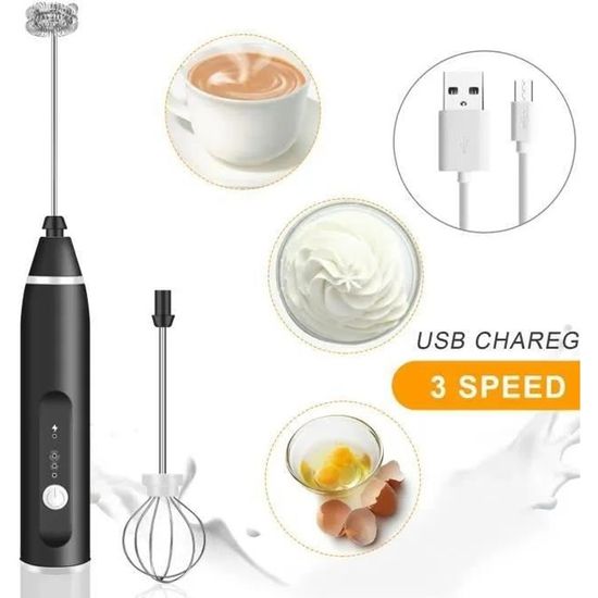 2 en 1 Mini Portable Mousseur à lait Fouet électrique Mélangeur de café Charge USB 3-vitesses