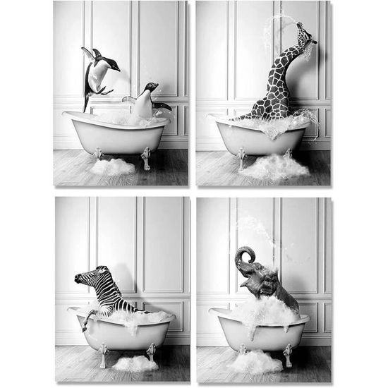 Ensemble d'images de salle de bain - Animaux dans la baignoire Vintage Impression sur toile Poster de toilette Sans cadre 30x40cmx4 - Maison