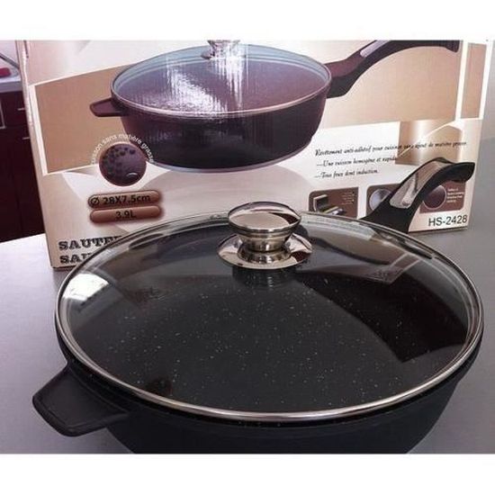 Poêle Antiadhésive En Pierre Home Family - 34 Cm, Noir/Gris, 2 Poignées, Pour Plaque Gaz, Vitrocéramique, Lave-Vaisselle - 6