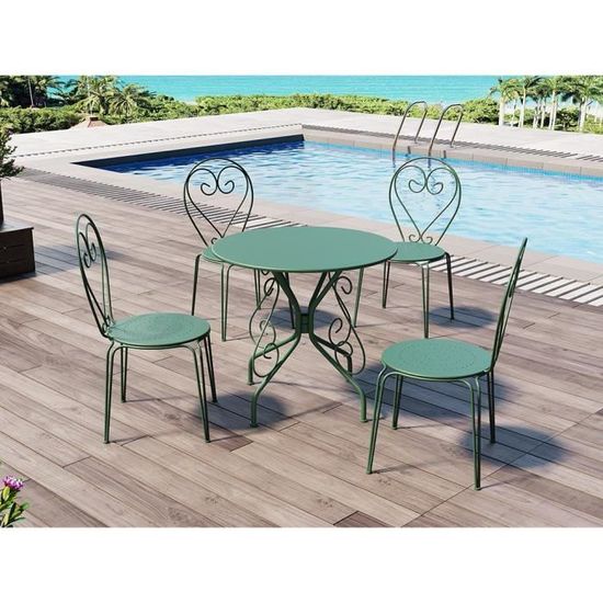 Ensemble table et chaise de jardin en métal façon fer forgé - Vert amande - GUERMANTES