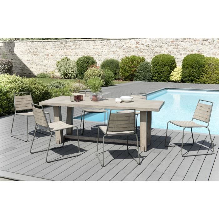 Ensemble de jardin en teck : 1 table à manger rectangulaire- 3 lots de 2 chaises empilables en teck et métal JARDITECK