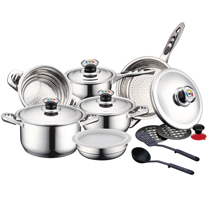 Batterie de Cuisine 16 pièces en Inox Avec Couvercles en Acier Inoxydable