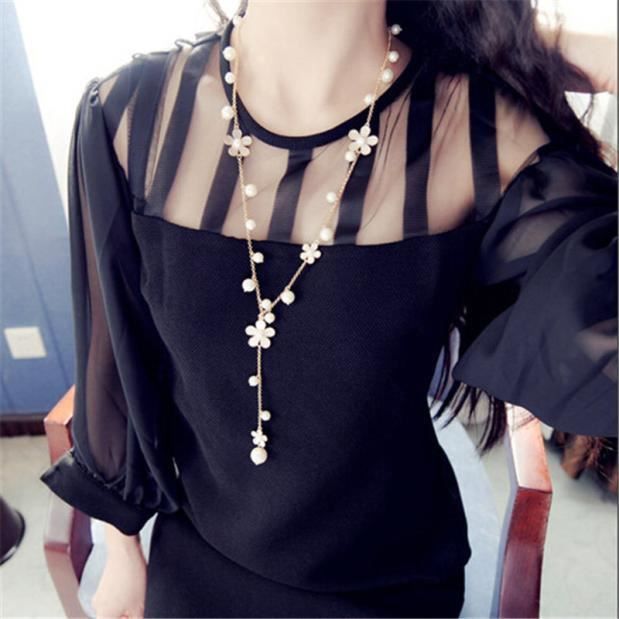 Fosenme LZC60809582 Perle élégante de femmes fleur chandail Pendentif long collier de bijoux de mode