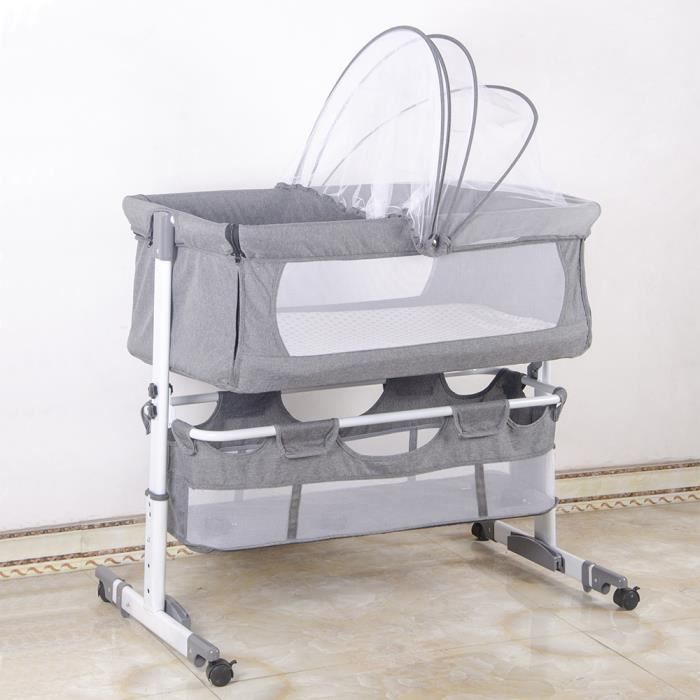 Berceau Bébé pour Bébé 0-36 Mois, Hauteur Réglable Lit Cododo avec Matelas Amovible, Panier de Rangement Roues