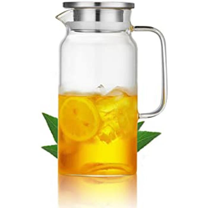 Carafe eau Verre, Carafe d'eau de Borosilicate Couvercle en Acier Inoxydable pour jus, Pichet à Eau 1L