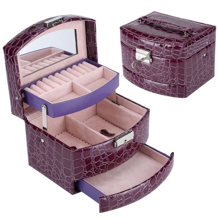 NEUF Boîte à bijoux,Coffret pour bijoux avec 2 Tiroirs 3 Couches avec Miroir, pour Colliers, Bagues, Bracelets - Violet