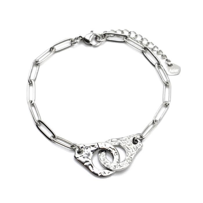 BC4367 - Bracelet Chaîne Maillons avec Menottes Martelées Acier Argenté