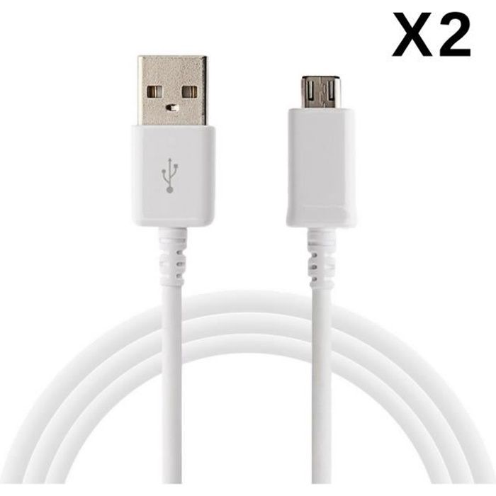 Lot 2 Cables USB Chargeur Blanc compatible Xiaomi REDMI NOTE 6 PRO - Cable Port Micro USB Chargeur Mesure 1 Metre Phonillico®