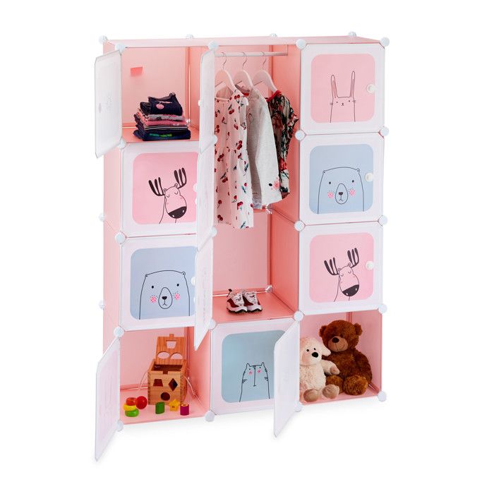 Relaxdays Etagère emboîtable enfants, fillettes, motifs ludiques, plastique, Armoire DIY portes, HlP 145x110x37,5cm,rose