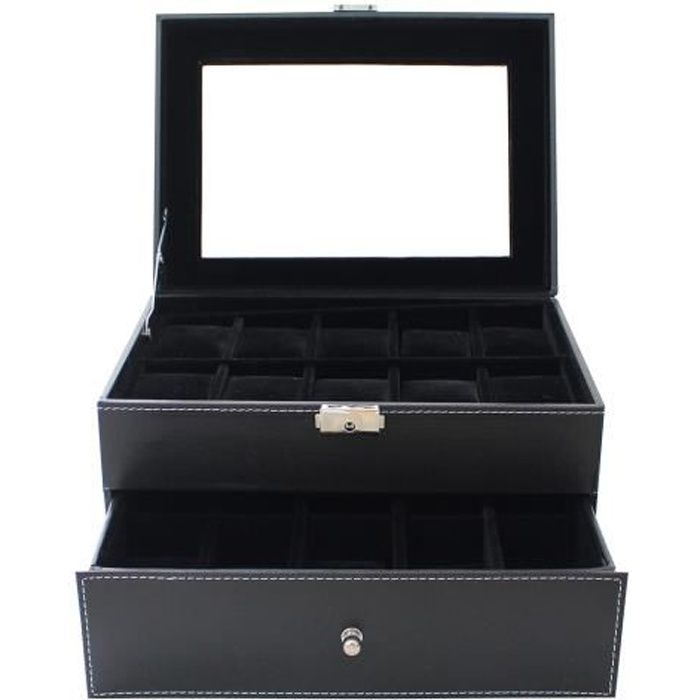 Coffret à Montres, Boite pour Montres et Bracelets, 20 montres avec vitre et tiroir, Noir, Dimensions: 28,5 x 20,5 x 15 cm