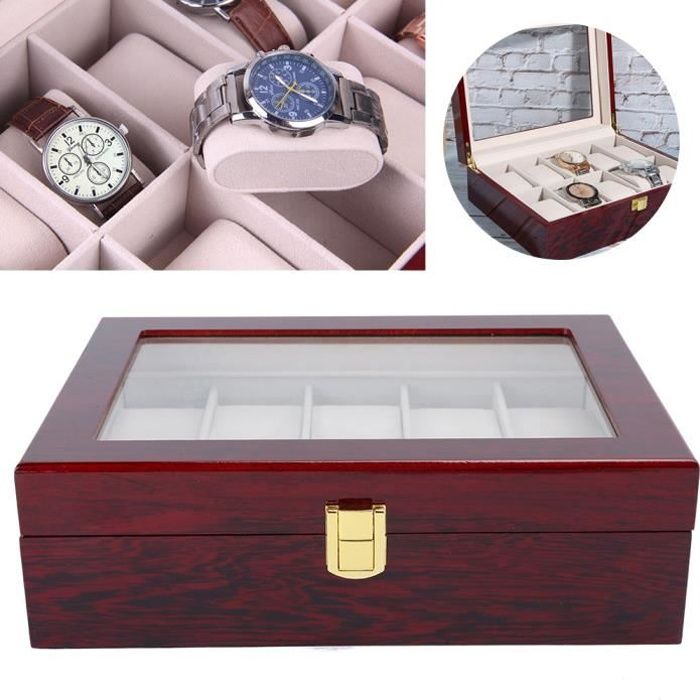 Boîte de rangement de montre de fenêtre transparente en bois à 10 grilles (rouge) HB024