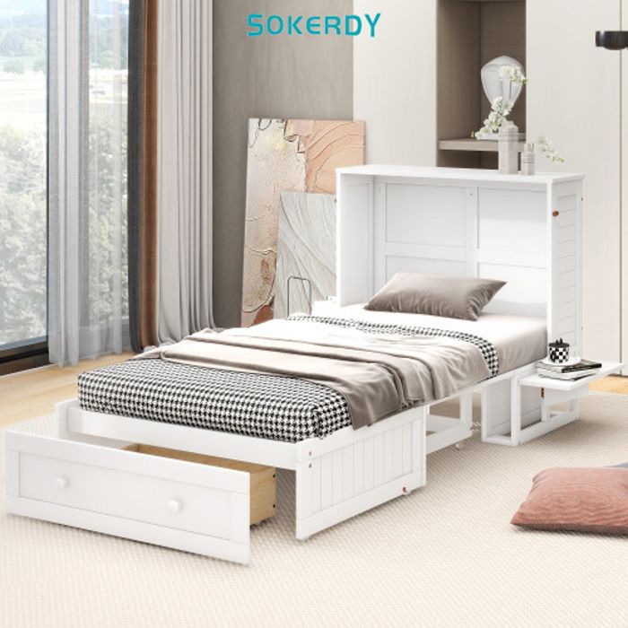 sokerdy lit escamotable mobile 90 x 200 avec tiroirs en bout de lit et petites étagères sur le côté du lit, lit convertible, blanc