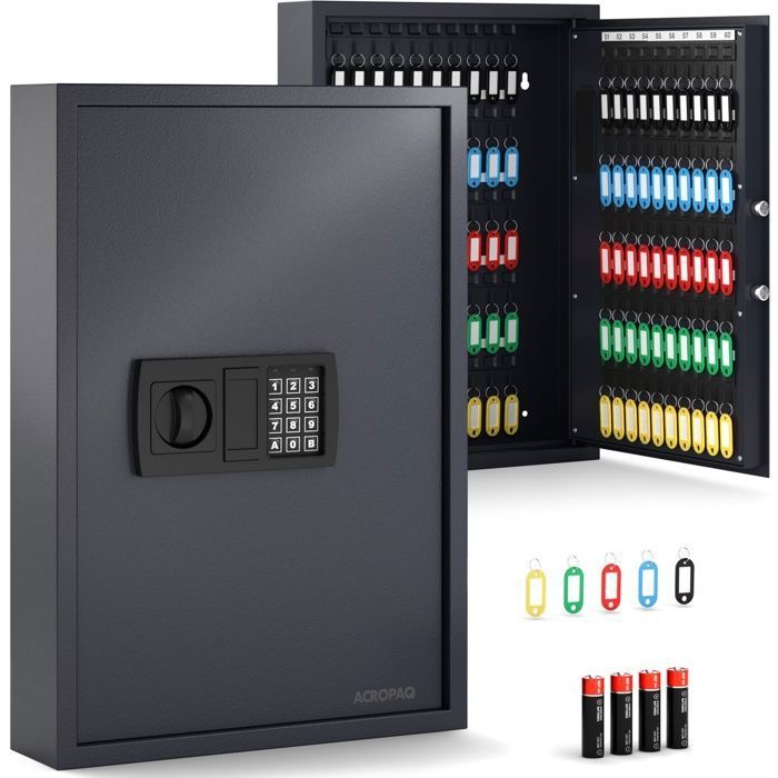Acropaq Armoire à clés Murale pour 100 clés- Coffre à Clés avec Serrure électronique numérique- 100 pendentifs Inclus- Noir