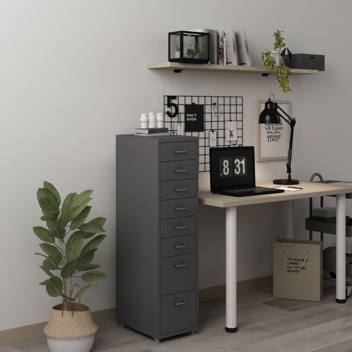 Caisson de bureau Kökar à roulettes avec 8 tiroirs 109 x 28 x 41 cm gris foncé
