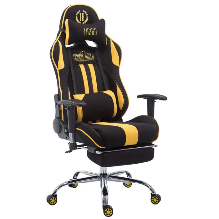 Fauteuil de bureau chaise gamer avec repose pieds extensible en tissu noir / jaune et metal chrome 10_0002741 Fauteuil de bureau chaise gamer avec repose pieds extensible en tissu noir / jaune et metal chrome 10_0002741