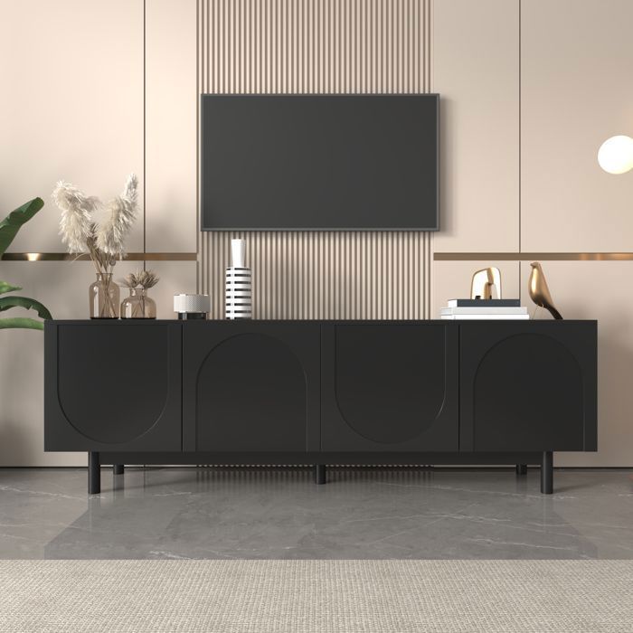 Meuble TV - SUNFECILI - 175x38x56 cm - Bois massif - Noir - Rangement multifonctionnel