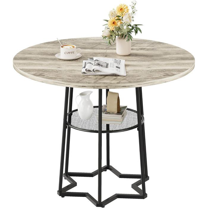 TABLE BASSE - PROMIRACAL - Ø98 cm - Rond - Aspect bois gris - Base hexagonale métal avec étagère