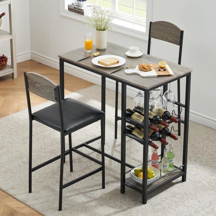 FurnitureR Table Ronde + 2 Chaises Rétro-Industriel – Set Bistro Métal & Bois Pour Cuisine, Balcon, Petit Espace Avec Porte-Bouteilles
