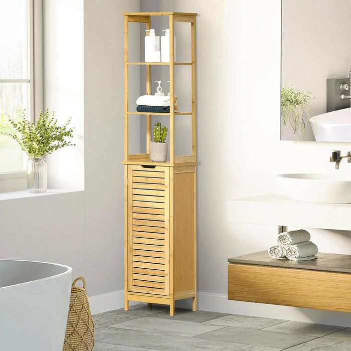 Armoire de salle de bain 3 étagères et compartiment à porte lamelles Anti-basculement Bambou 34x30x173 cm Armoire de salle de bain 3 étagères et compartiment à porte lamelles Anti-basculement Bambou 34x30x173 cm