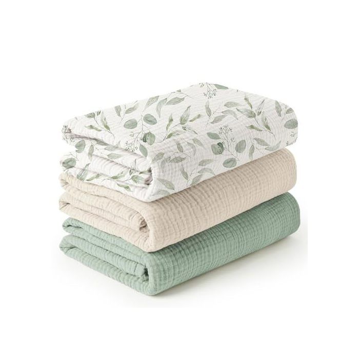 Ensemble de trois couvertures pour bébé en mousseline couverture demmaillotage pour nouveau-crème abricot+feuilles+vert-120*120cm
