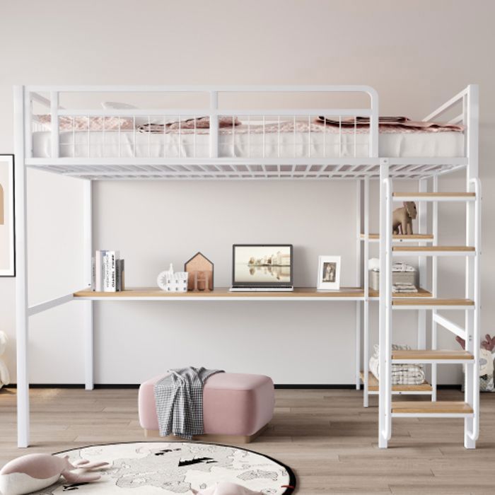 Lit Mezzanine en Métal 140 X 200 cm Échelle de Sécurité avec Marches Lit Simple Enfant avec Table et Étagères Barrière Blanc