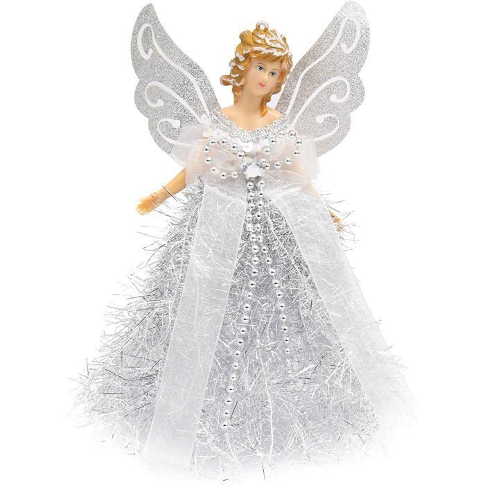 Ange Pour Cime De Sapin De Noël 32 Cm - Avec Ailes En Plumes Et Lumières LED Jaune, Argenté