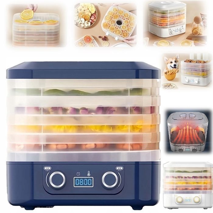 Déshydrateur Alimentaire 6 Plateaux - Température Réglable 35-70°C, Minuterie 48h - Flux D'air 360° - Pour Fruits, Légumes, Viande Séchée - Acier Inoxydable