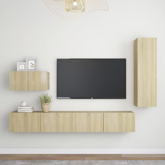 Meuble TV mural - VIDAXL - 4 pièces - Chêne sonoma - 60x30x30 cm - Grand espace de rangement - Bois dingénierie