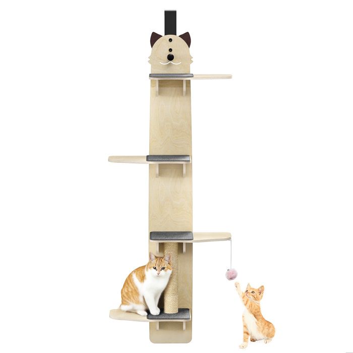 Meilleurs prix pour Arbre à Chat en Bois - FIANAO - Design Vertical Gain de Place - 4 Niveaux avec Griffoir et Jouet Suspendu - 170cm