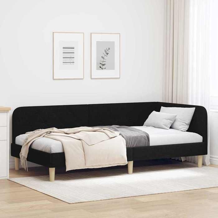 Cadre de lit dangle - CLOUD - 90x190 cm - Noir - Tissu - Design en L - Cadre à lattes - Polyvalent canapé-lit