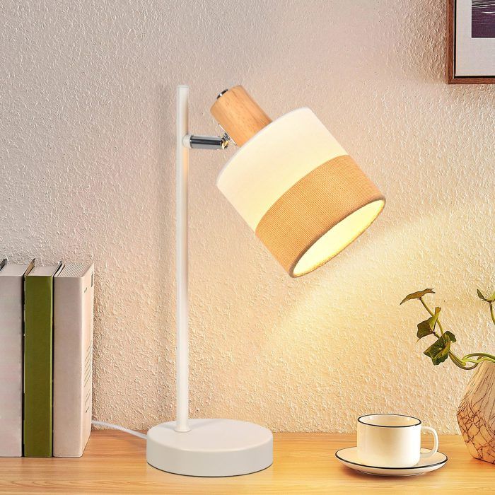 Lampe de table - NETTLIFE - Vintage pivotante - Bois massif - Douille E14 - Abat-jour tissu blanc