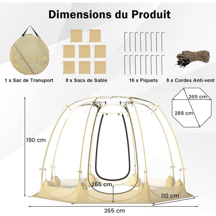 GIANTEX Tente Bulle pour 5-6 Personnes Dôme Extérieur Transparent pour Événements Sportifs Tente Pop-up 265 x 265 x 190 CM