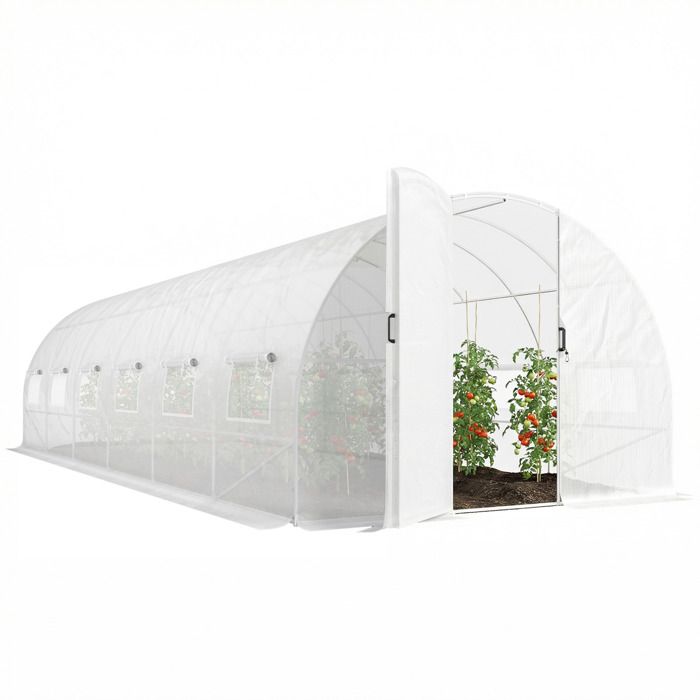 Serre tunnel de jardin - Outsunny - 24m² 295x798x199cm - avec portes et 12 fenêtres avec moustiquaires - bâche PE 140 g/m² - blanc