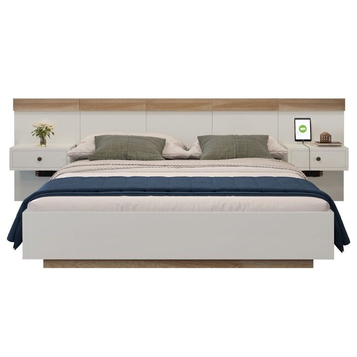 Lit Double Bois Chêne Sonoma Blanc 140x200cm-2 Tables Chevet LED USB-C-Chambre Complète sans Matelas Lit Double Bois Chêne Sonoma Blanc 140x200cm-2 Tables Chevet LED USB-C-Chambre Complète sans Matelas