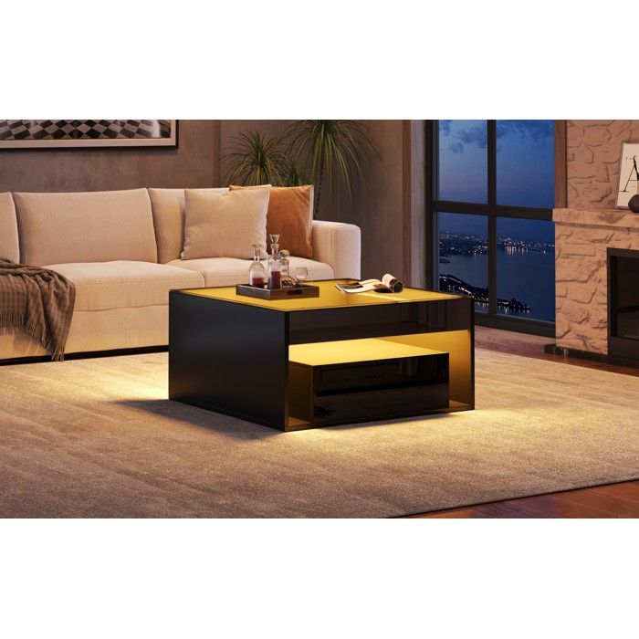 Table basse noire 70 x 70 x 35 cm verre trempé 2 tiroirs LED MDF surface brillante