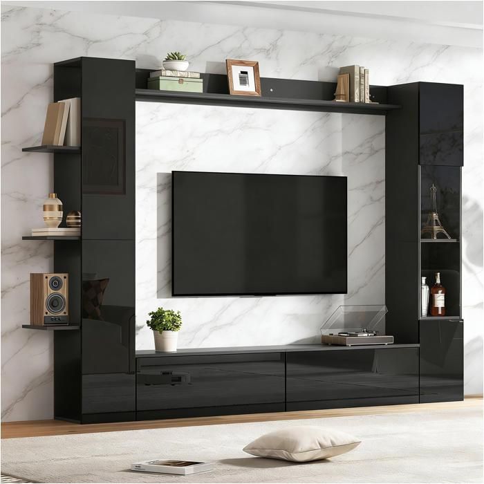 Ensemble Meuble TV 228 x 30 x 170 cm avec Étagères Colonne de Rangement Vitré - Surface Noir Haute Brillance