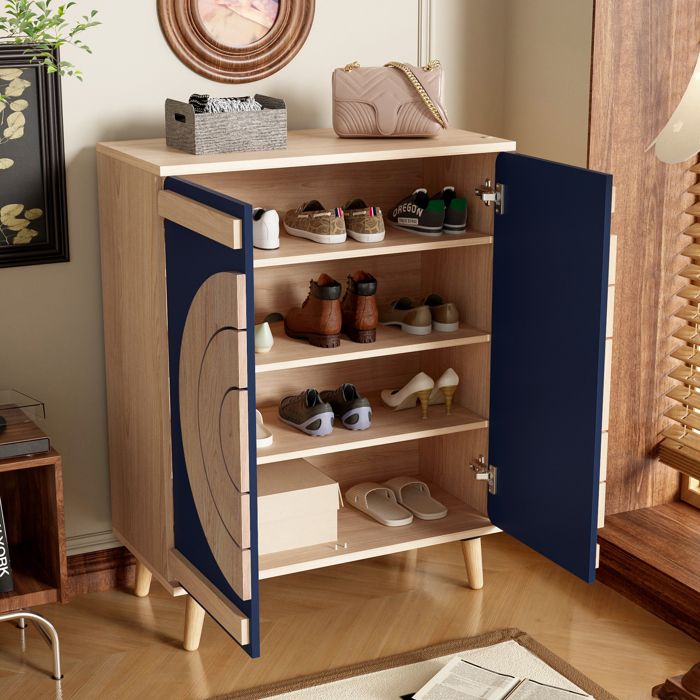 Meuble à Chaussures 2 Portes et 3 Étagères Anti-Poussière - YEAVIO - Bleu et Naturel pour Entrée 76×37×98 5 cm