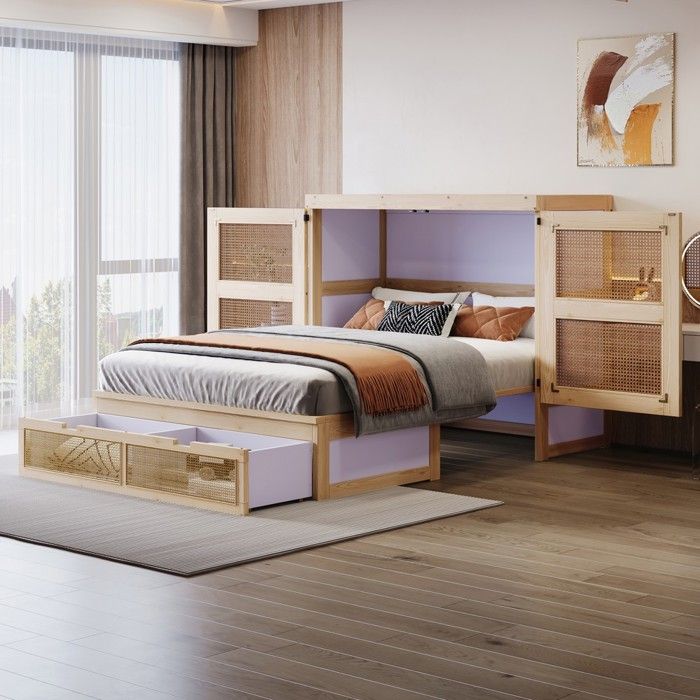 Lit escamotable armoire - Escamotable vertical - 140 x 200 cm - Rotin tressé bois naturel - Tiroirs de rangement