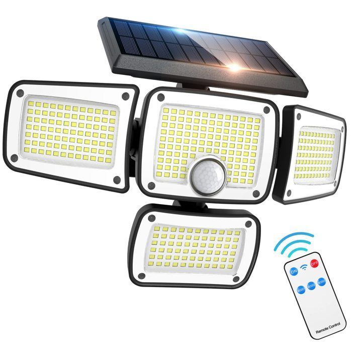 Lampe solaire extérieure 4 têtes – Capteur – 3 modes – IP65 – 10W LED – Étanche – Blanc Lampe solaire extérieure 4 têtes – Capteur – 3 modes – IP65 – 10W LED – Étanche – Blanc