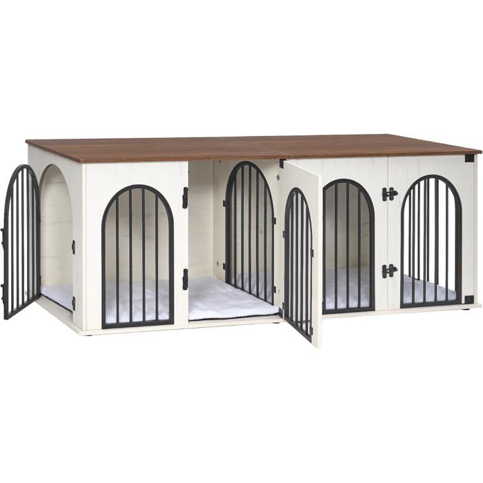 Cage pour 2 Chiens Cages Double avec Séparateur Niche en Bois Design Meuble TV pour Chiens de Moyens/Grands Blanc et Marron