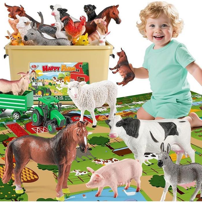 Animaux de la Ferme avec Grand Tapis de Jeu 120 x 80 cm38 pièces Animaux Jouet avec Figurine Animaux Ferme Jouets Tracteur