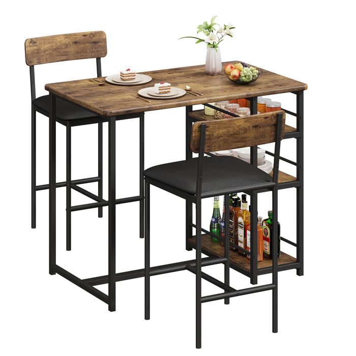 Ensemble table à manger pour 2 avec 2 chaises rembourrées et 3 étagères – Table haute bar compacte parfait petit espace cuisine