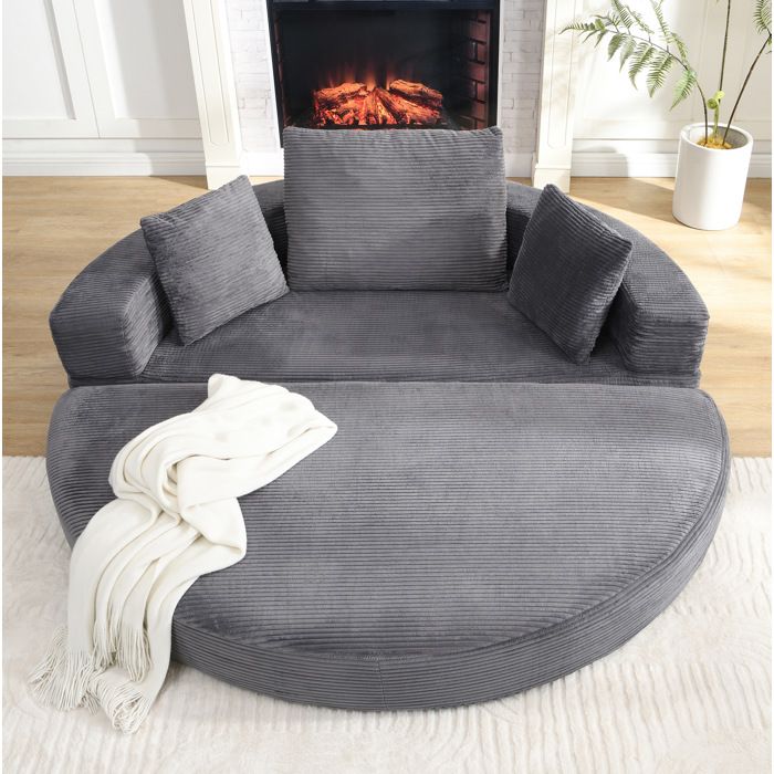 Canapé convertible 2 places pliable en lit ovale avec 3 coussins - MODENVIE - mousse tissu côtelé gris 173 × 176 cm