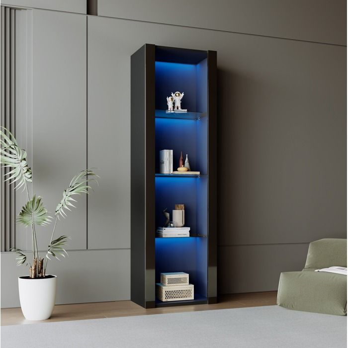 VEVXYN meuble vitrine rangement LED vitrine sur pied noir brillant 55 x 38 x 166 cm 3 tablettes en verre salon bureau